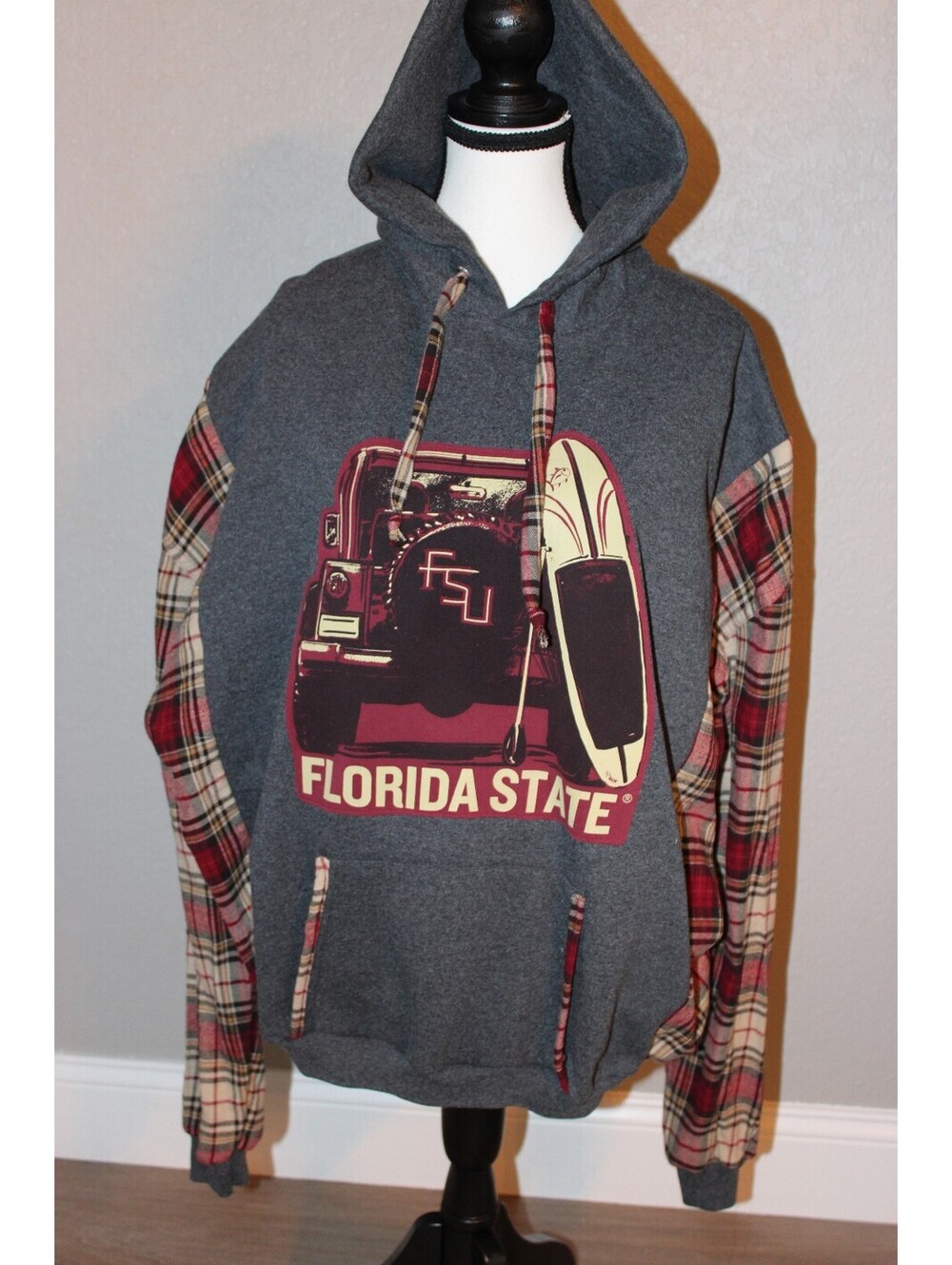 Florida State University Hoodie with Plaid Sleeves and Graphic Print, Size XL